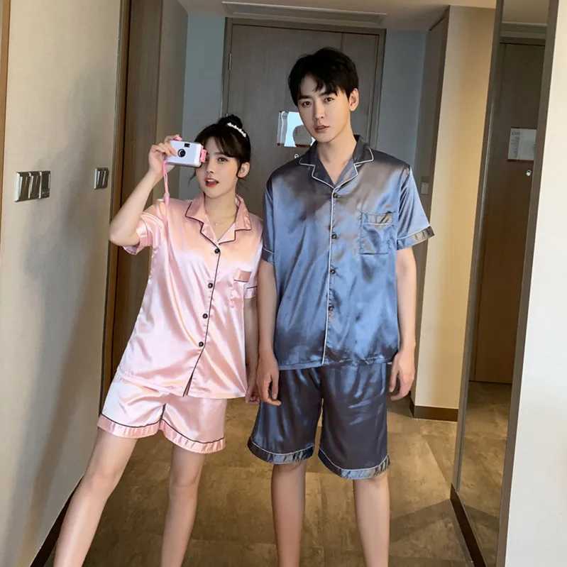 New couple sleepwear silk satin solid color sleepwear set short sleeved family clothing sleepwear womens sleepwearW240719