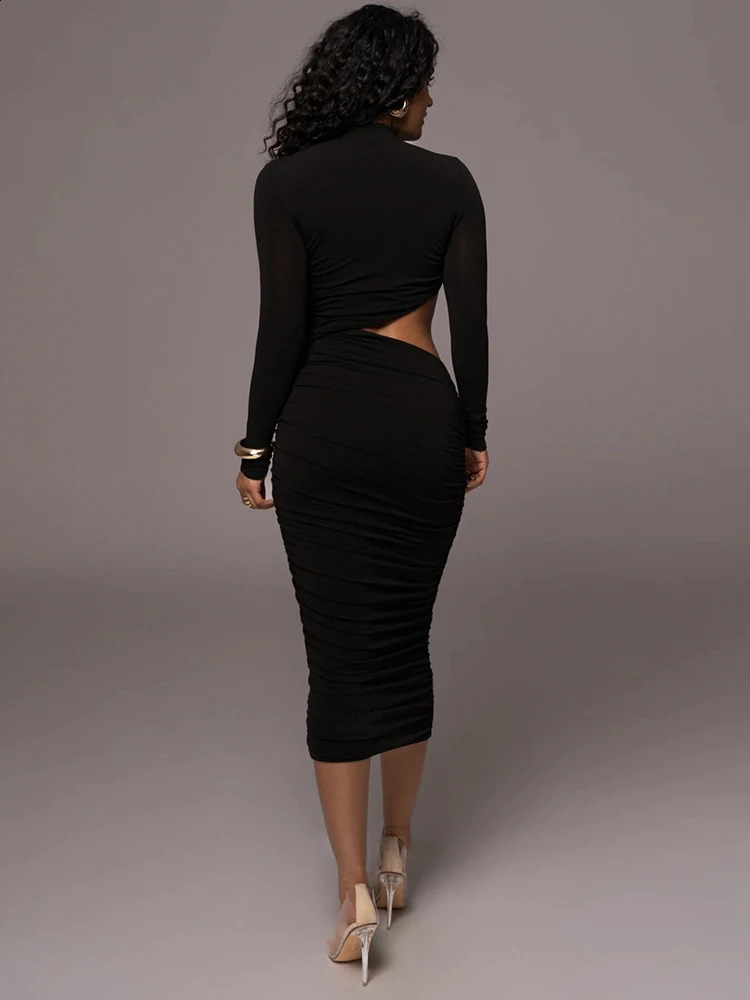 Ahagaga Fashion Sexy Club Hollow Out Dresses Women Regular Casual Solid O-neck Long Sleeve Slim Bodycon Elegant Vestidos Robes 240819