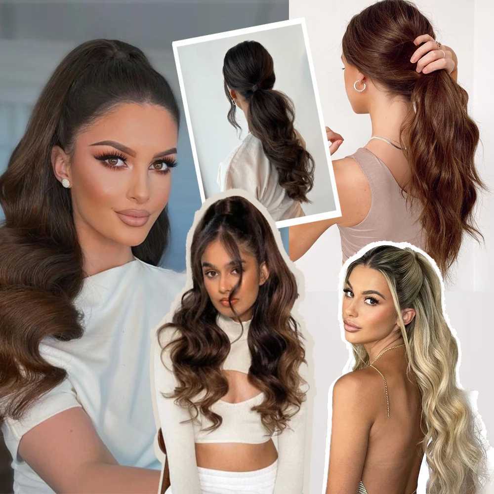 Synthetic ponytail hair extension long curls wrapped around the ponytail black blonde ponytail wig suitable for womens daily wear W240817