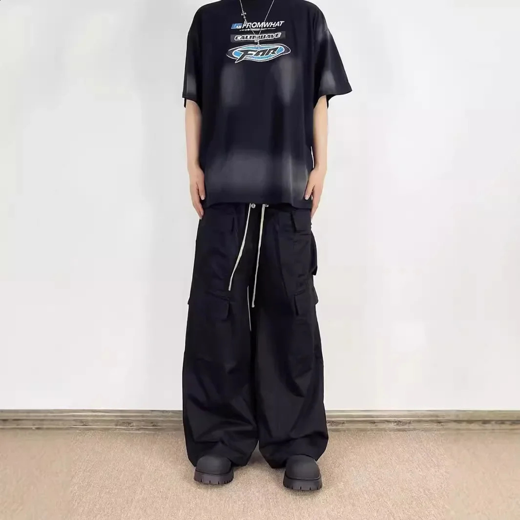 2024 casual loose fit straight leg wide leg cargo pants unisex matte black cargo pants 240819