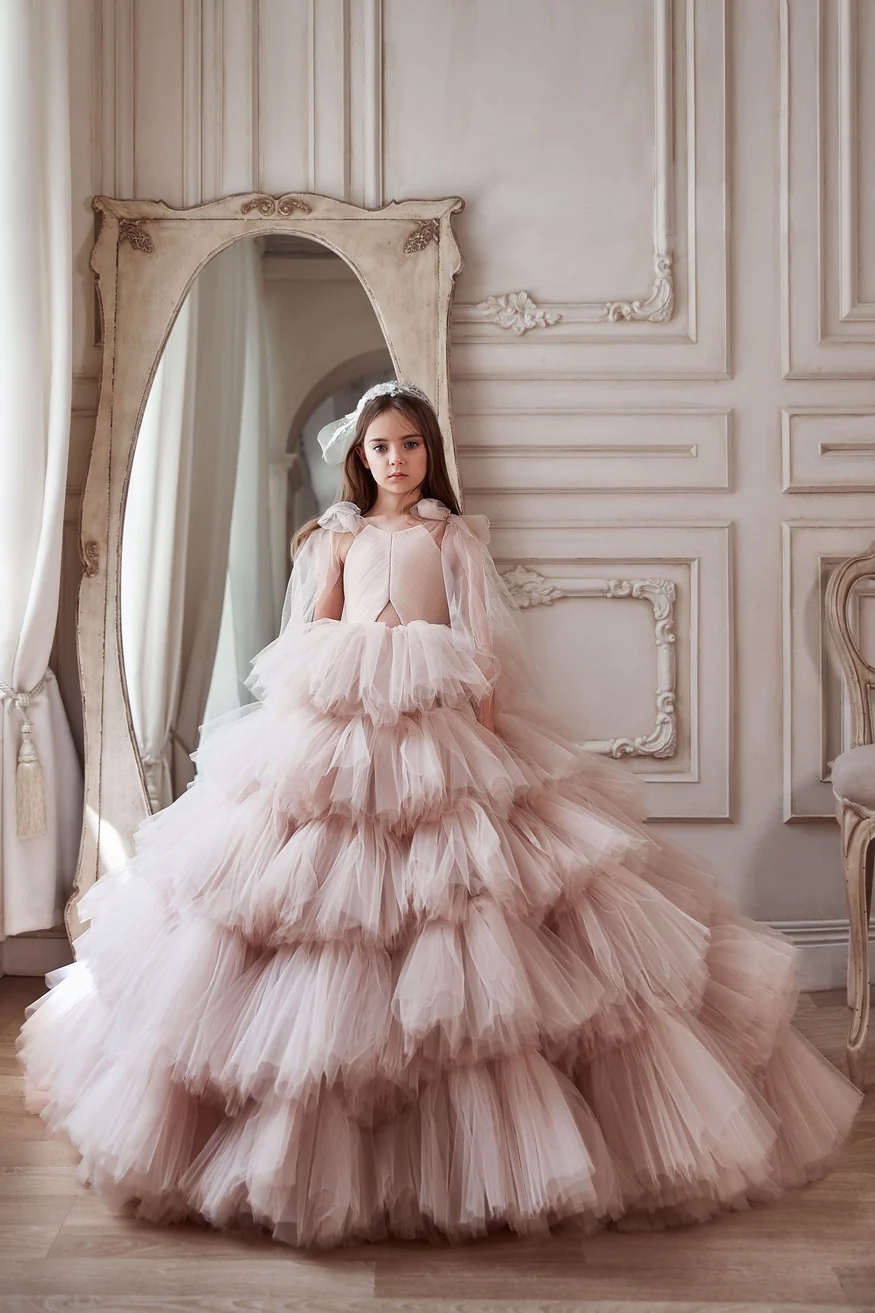 Pink Mini Quinceanera Dresses Ball Gown Sheer Tulle Tiered Puffy Long Flower Girl Dresses For Weddings Mexican Charro Pageant Dresses Baby