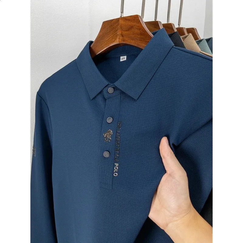 High Quality Autumn Business Solid Color Long Sleeve Polo Shirt Lapel Collar Men High-End Fashion Casual No Trace Printing 240820