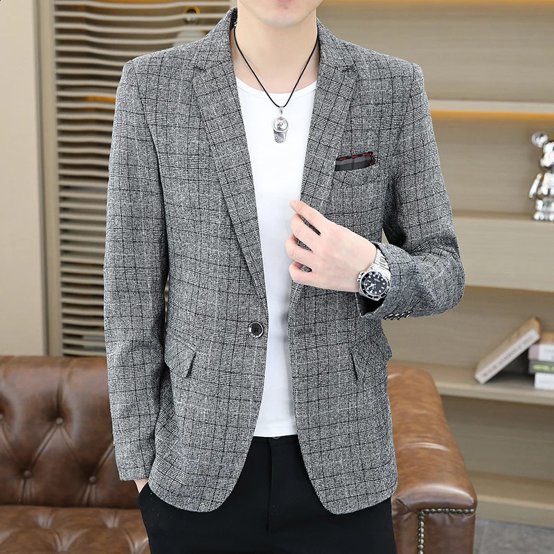 Mens Fashion Business Gentleman Jacket Korean Edition Trend Casual Plaid Wedding Celebration British Style Slimming Set 240819