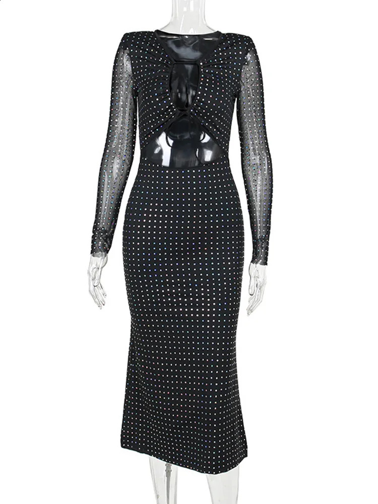 Sexy Cut Out Mesh Long Sleeve Bodycon Maxi Dress Women Glitter Lace Up Party Spring Fall Elegant Birthday Clothes YY23579MH 240819