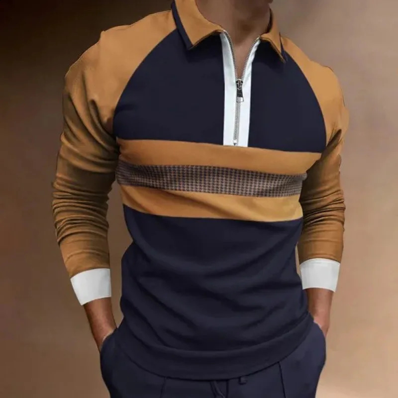 Mens Casual 3D Digital Printed Zipper Polo Shirt Fashion Solid Color Plus Size Series Lapel Long Sleeve 240820