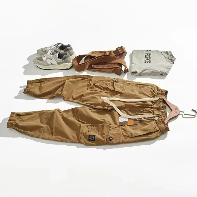 Autumn American Style Casual Khaki Cargo Pants For Men Loose Fit Drawstring Versatile Ankle Length Multi Pocket Good For Travel 240819