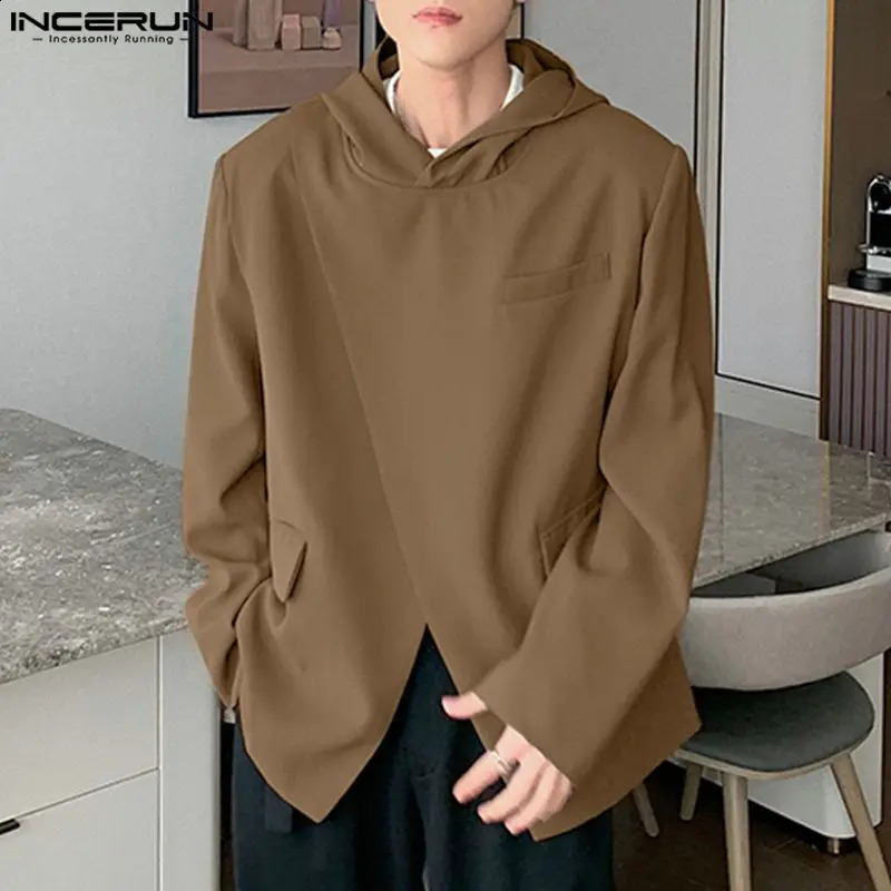 INCERUN mens solid color hooded loose casual suit streetwear fashionable jacket S5XL 240819