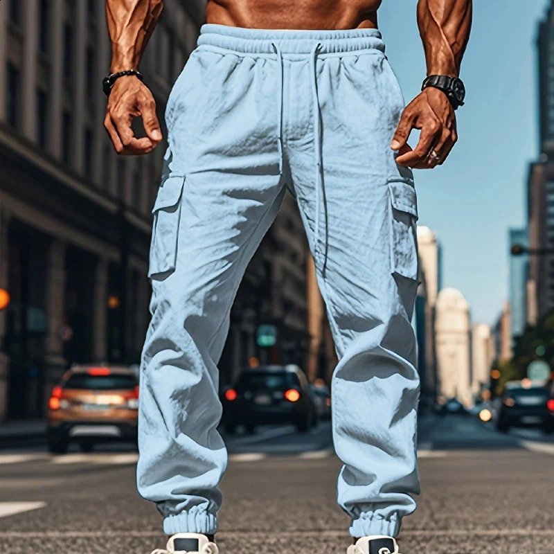 Autumn Daily Casual Breathable Cotton Pants For Men Streetwear Fashion Multi Pockets Cargo Pants Vintage Mens Solid Color Pants 240819