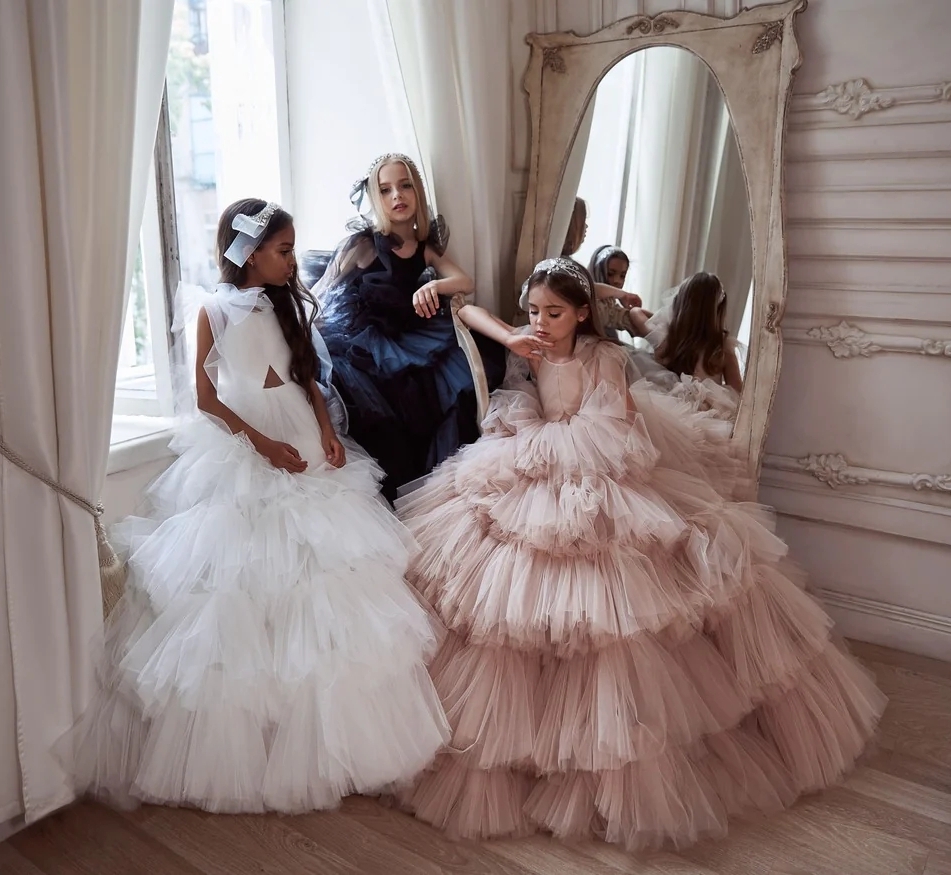 Pink Mini Quinceanera Dresses Ball Gown Sheer Tulle Tiered Puffy Long Flower Girl Dresses For Weddings Mexican Charro Pageant Dresses Baby