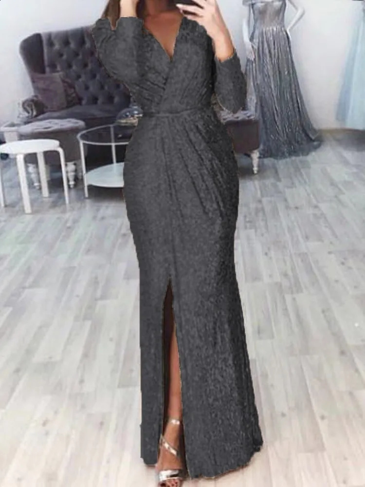 Autumn Winter Womens Dress Sequin V-neck Long Sleeved Waist Sexy Split High End Casual Fashion Elegant Dress Womens Dress 240819