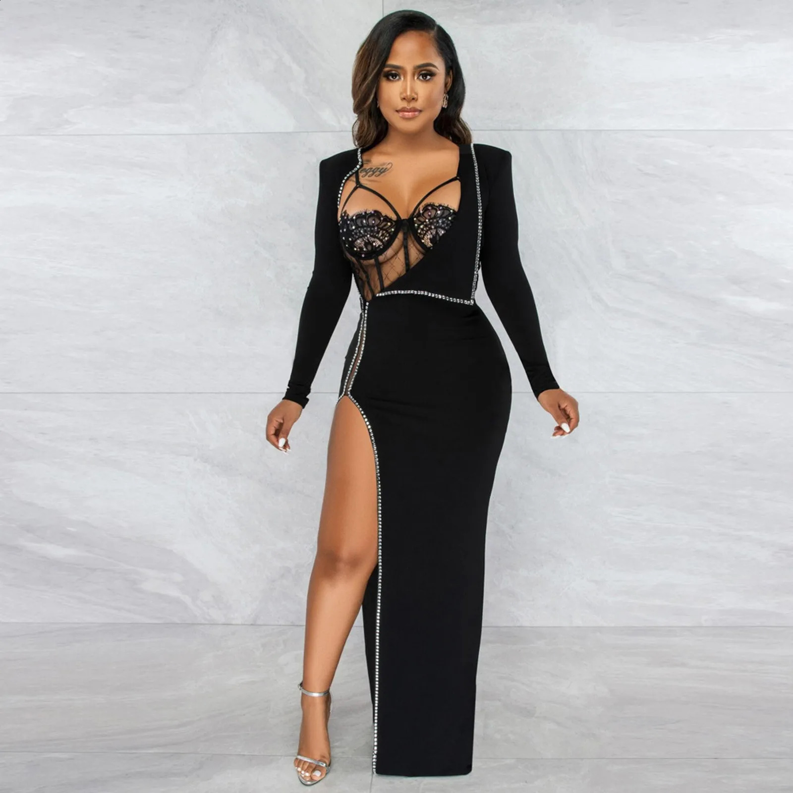 Women Sexy High Slit Dresses With Bra Sequin Diamond Long Sleeved Dress Party Nightclub Fashion Cocktail Formal Gown 240819