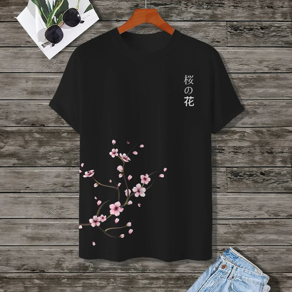Cherry blossom pattern clothing mens fashion shortsleeved top Japanese street Oneck Tshirt summer 240820