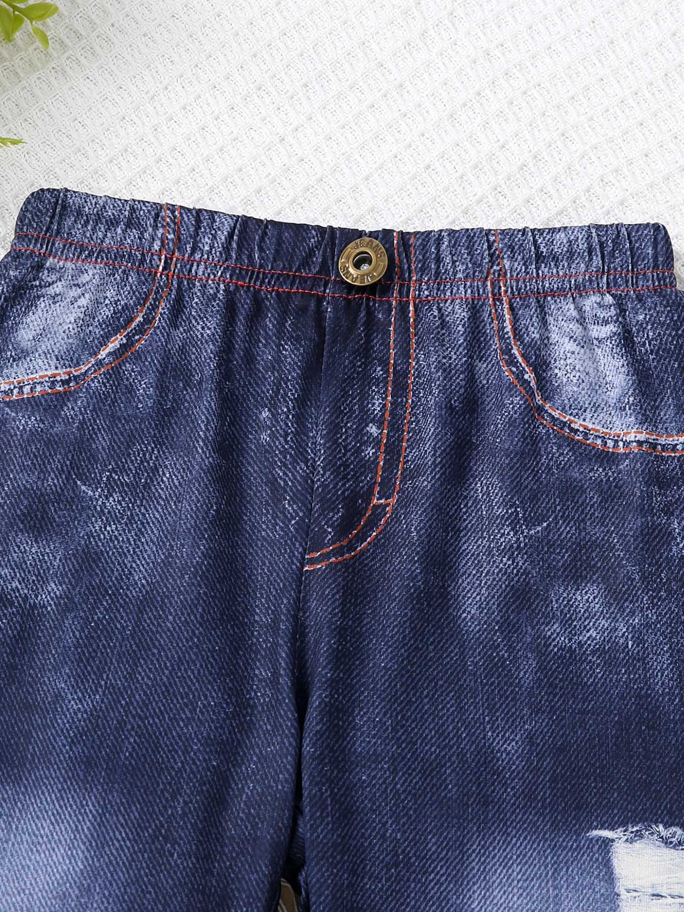 Spring and summer imitation denim childrens girls tear pocket pants fashion retro pantsW240819