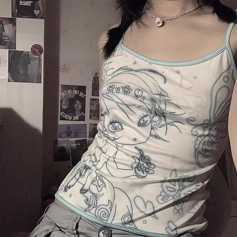 Karrram Y2k Aesthetics Cami Top Fairycore Anime Print Camisole 2000s Kawaii Crop Top Japanese Harajuku Tank Tops Grunge E-girls 240819