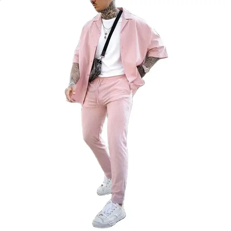 Summer Mens Hip Hop Outfits Short Sleeve Lapel Cardigans And Solid Color Pants Two Piece Suits Men Streetwear Fashion Pink Sets 240819