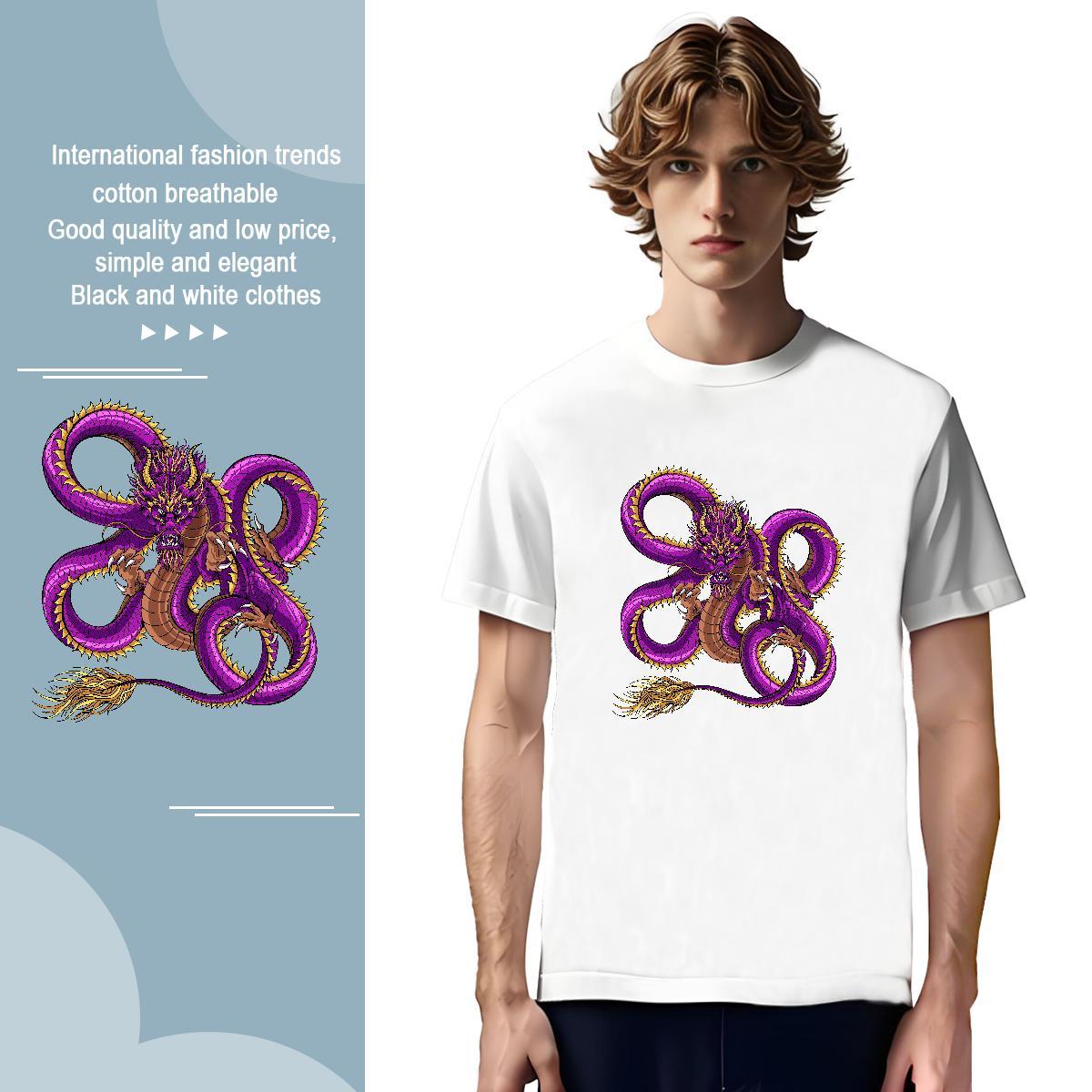 Man T Shirts 230g 100% Cotton dragon Beach Breathable Short Sleeve Anime Men Tshirts Fashion Design Loose Fit Tops Shirt