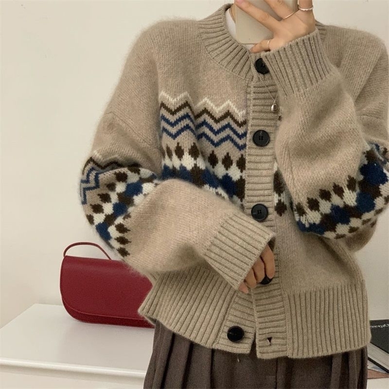 Autumn Warm Single Chest Knitted Sweater Womens Fashion Casual Jacquard Crochet Pink Open cardigan Top Y2k 240819