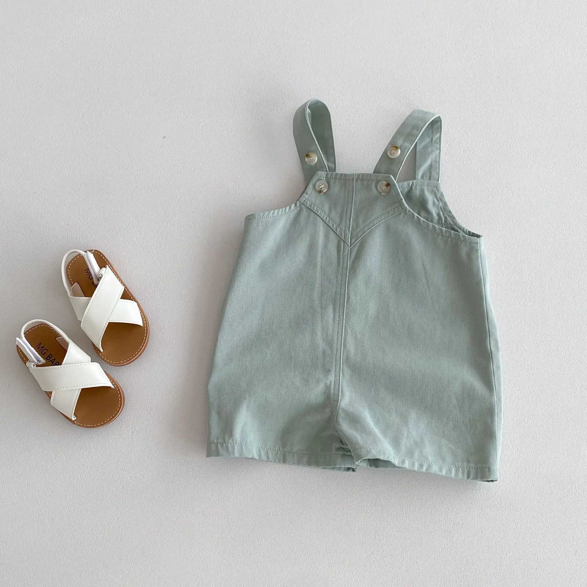 2024 summer new childrens solid set cute girl denim set baby boy with short sleeved childrens jumpsuit toddler clothing W240806