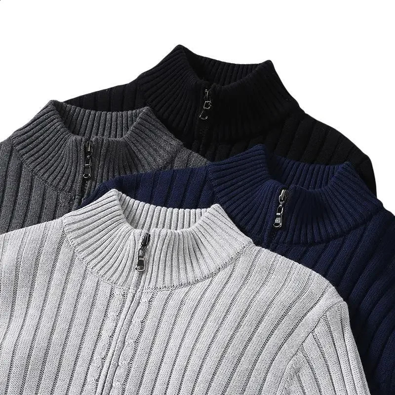 Autumn and winter mens cardigan sweater stand up collar zipper cotton 100% thick knit solid color streetwear 240819