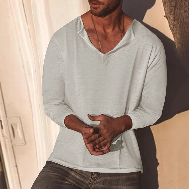 Casual Oversized Mens Tops Cotton Linen Solid Color Loose Long Sleeve V Neck T Shirt Beach Style Men Leisure Pullover Streetwear 240820
