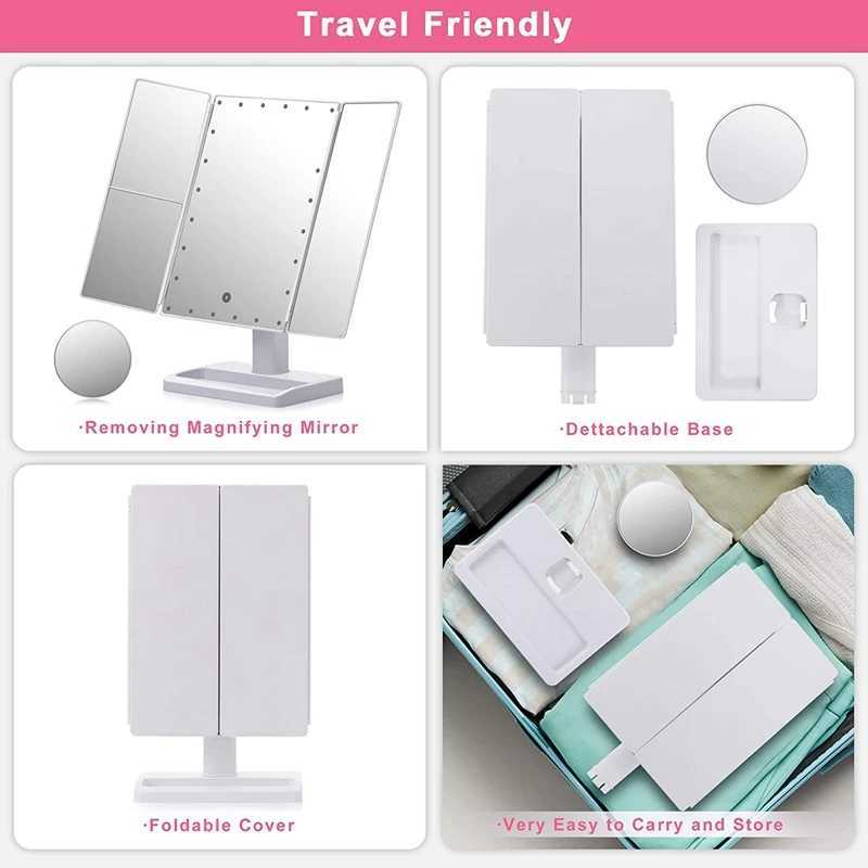 Trifold Makeup Mirror With 22 LED Lights10X/3X/2X Magnification Portable Fold Lighted Table Desk Cosmetic Mirror Y240819