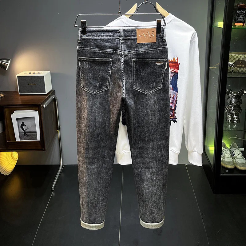 Autumn and winter black gray jeans men fashion holes denim casual Stretch Slim Fit Ankle tight trousers 240819