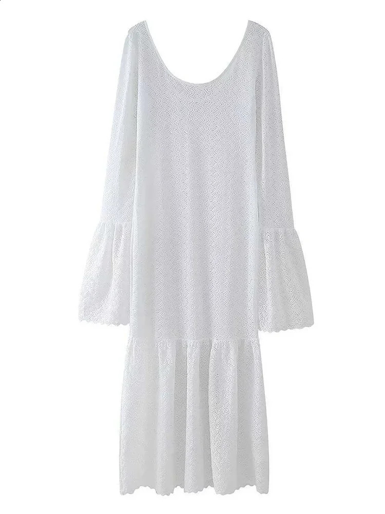Fashion Sexy Knit Women Hollow Out O Neck Full Flare Sleeve Cover Ups Dresses Backless Vintage Autumn Winter Long Dress 240819