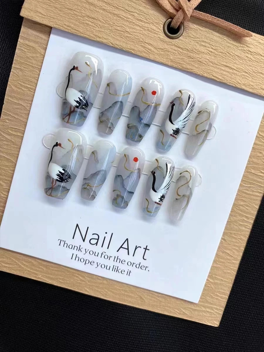 Handmade Nails Set Press on Long fake Nails with Glue Chinese Hand Paint Design Acrylic Full Cover Nail Tips for Girls 240815