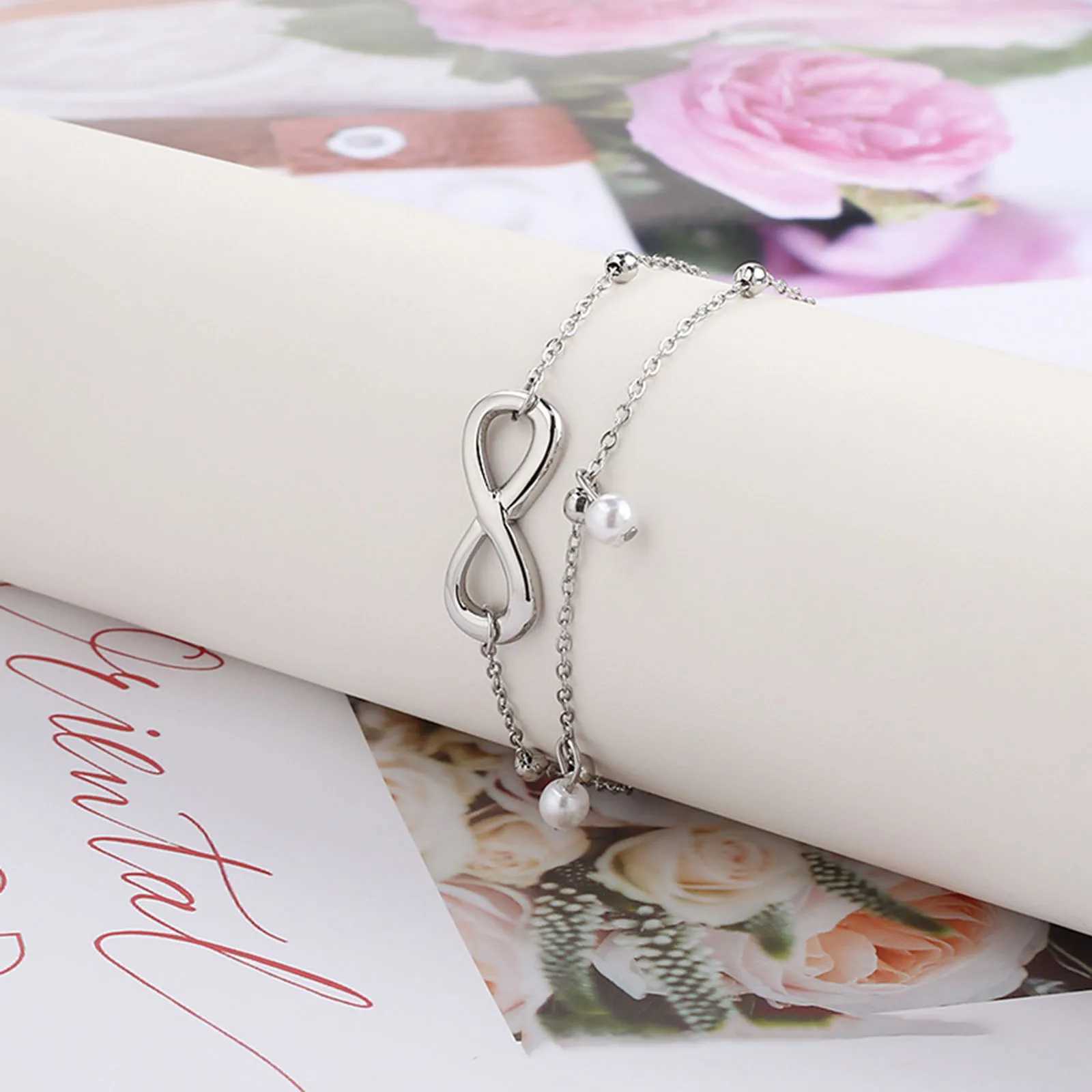 1 piece of 304 stainless steel fashionable connecting rod cable chain multi-layer Anklet imitation pearl infinite symbol 22cm (8 5/8) long W240815