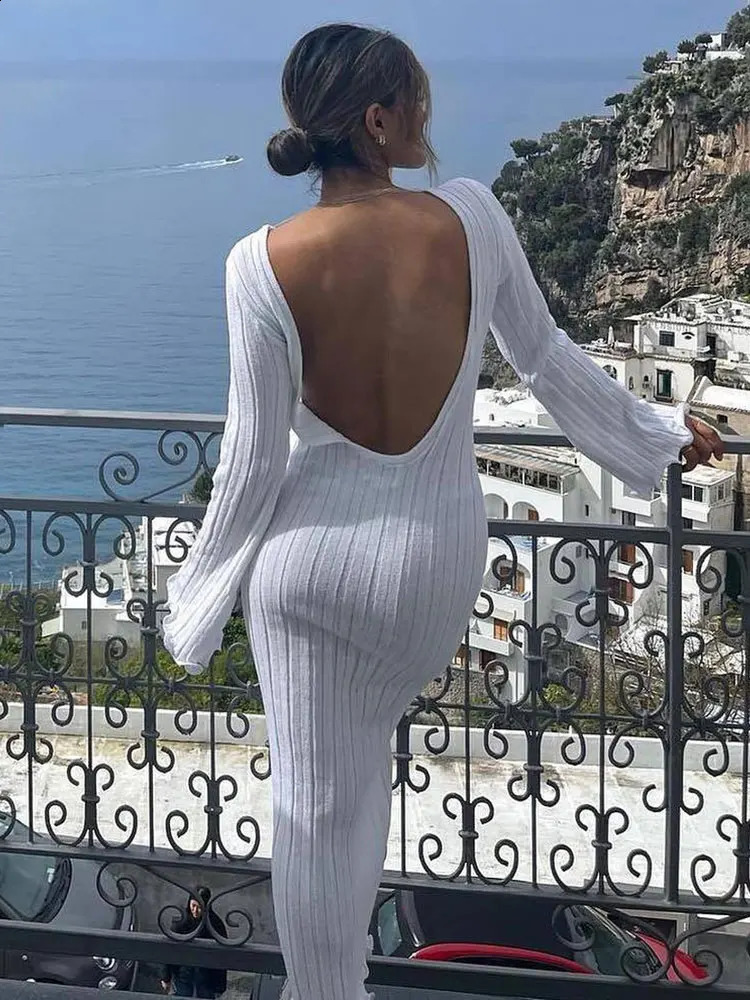 GACVGA Sexy Knitted Long Dress For Women Autumn Backless Flare Sleeves Ruffles Slim Maxi Dress Vestido Beach Vacation Robe 240819