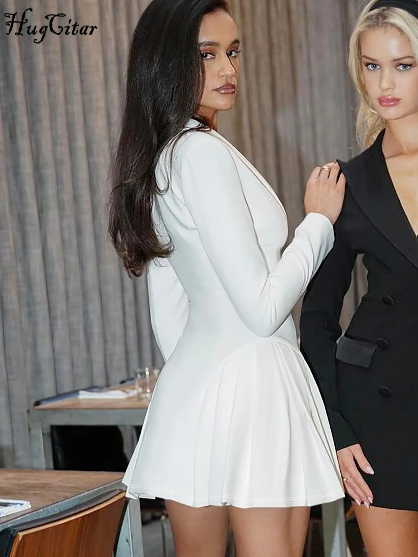 Hugcitar Fashion Solid Long Sleeve Shoulder Pads Buttons Ruched Sexy Mini Blazer Dress Women Fall Outfit Birthday Party Festival 240819
