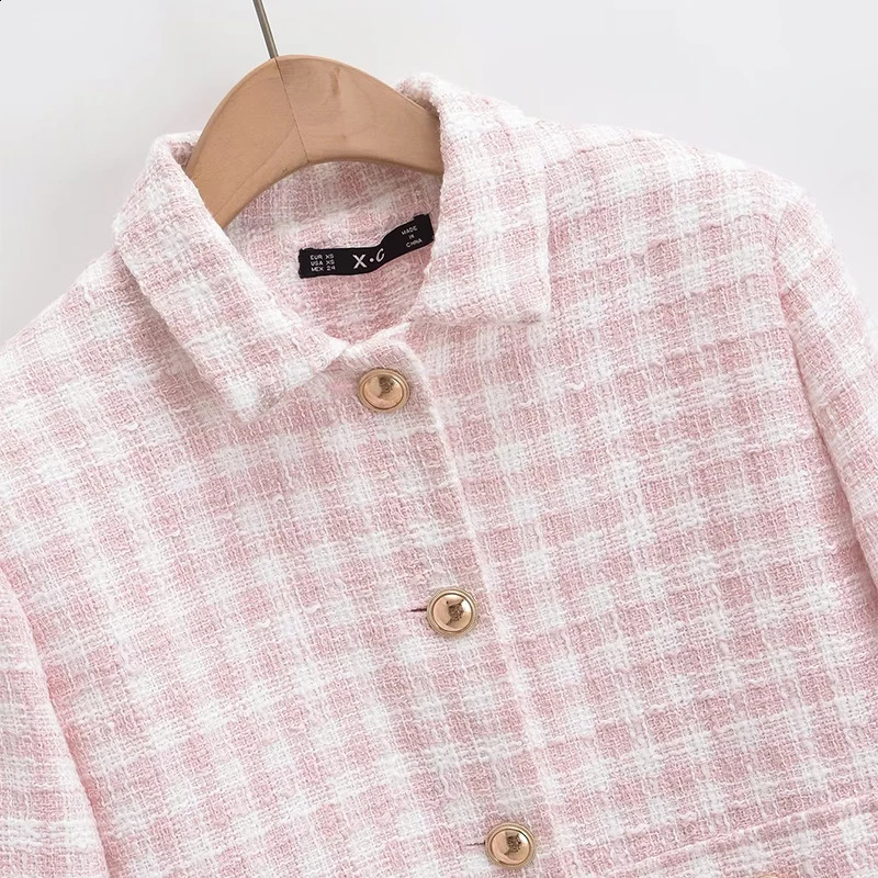 Womens Jacket Autumn Vintage Tweed Blazers Coats Fashion Single-breast Pink Plaid Suit Female in Outerwears Clothing Top 240819