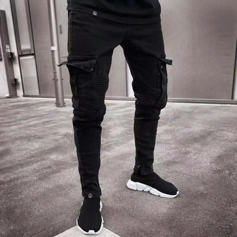 Multipocket Patchwork Slim Fit Jeans Men Washable Black Denim Pants Casual Trend Streetwear Male Chic Leg Zips Pencil Trousers 240820