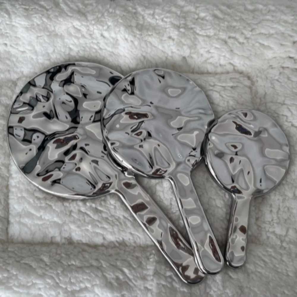 Travel Electroplated Handle Makeup Mirrors Square Round Hand Make Up Mirror Single-sided Small Cosmetic Mirror Women Y240819