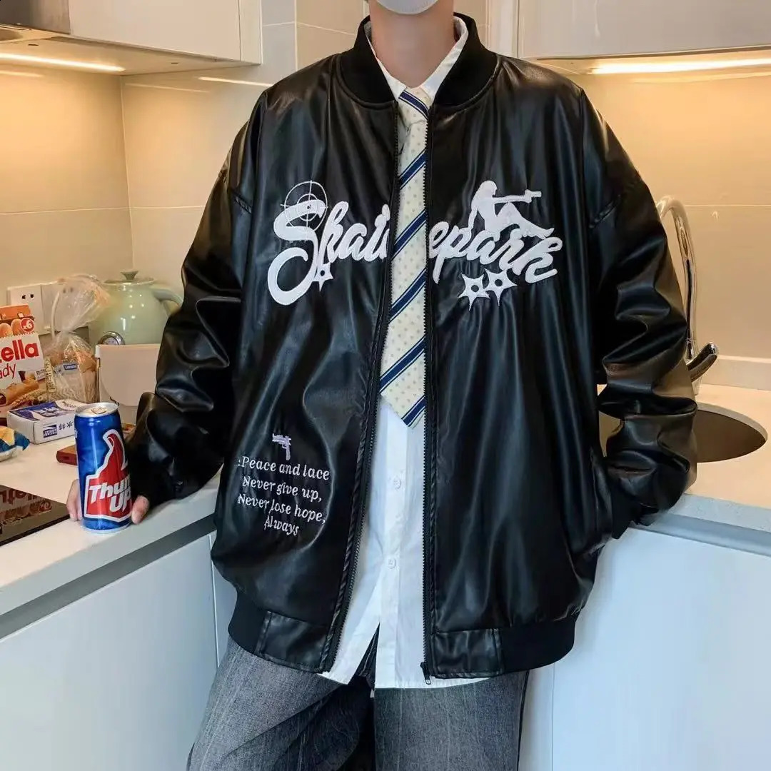 Embroidery Leather Jackets Men Women Racing High Street Autumn Oversized Y2k PU Baseball Coat Harajuku Vintage Outwear Couple 240809