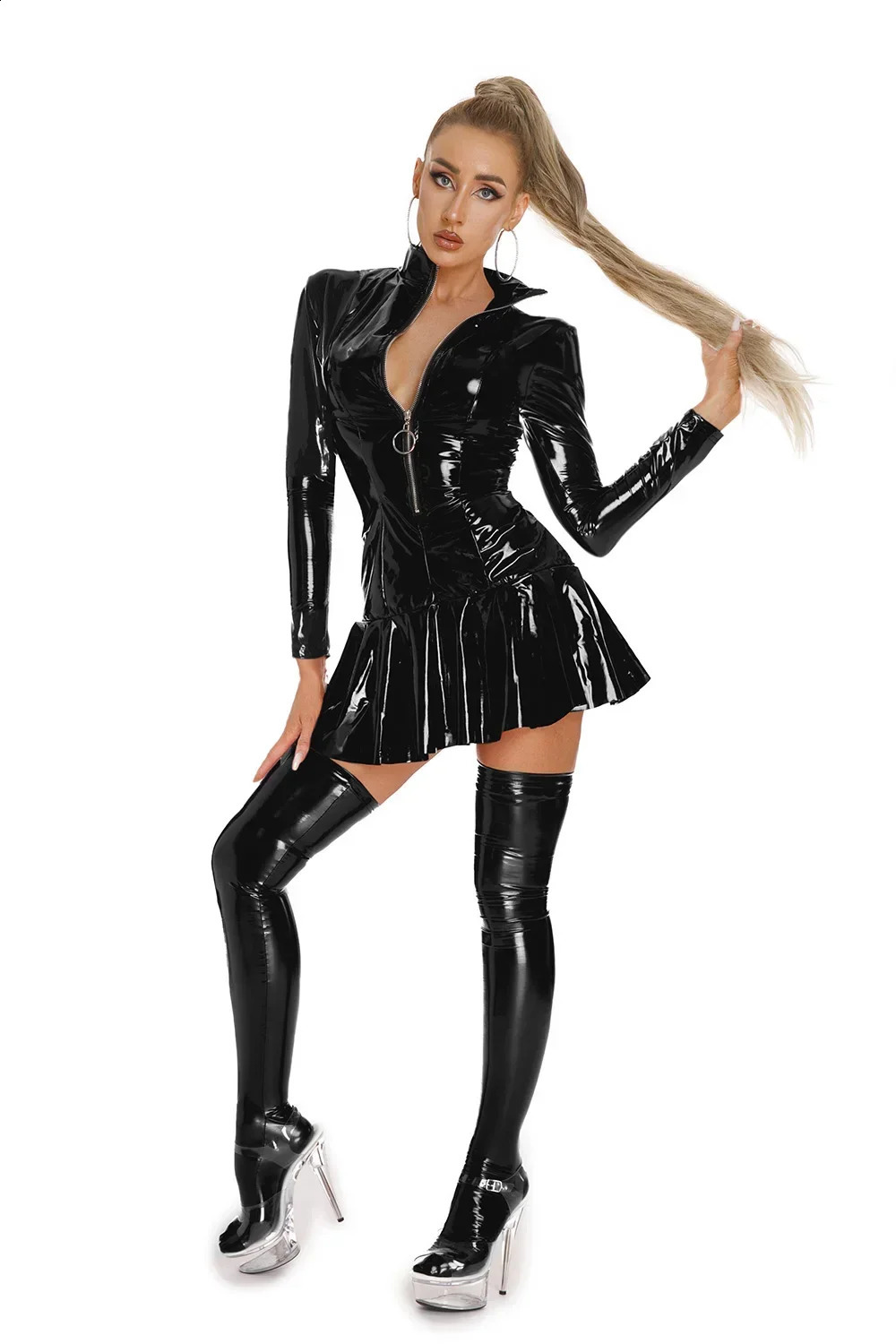 Latex Hollow Zipper Stand Up Collar A-Line Mini Pleated Skirt Latex Dresses Womens Wet PVC Leather Tight Bodycon Mini Dress 240819