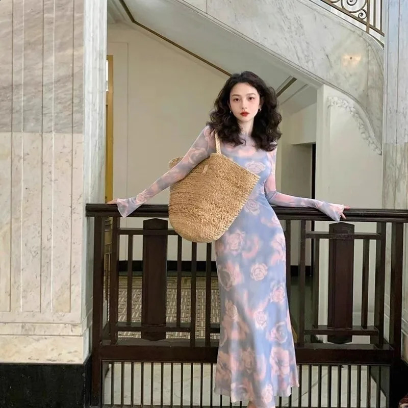 2pecs Long Sleeve Dresses Women Slim Ankle-length Vintage Rose Spring Autumn Basic Streetwear Sexy Graceful Female Hip Wrap 240819