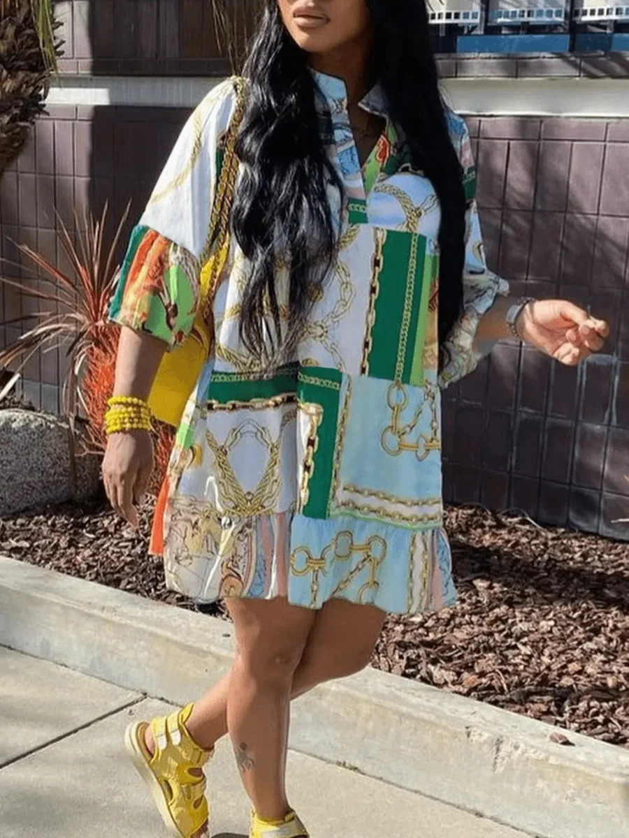 LW Plus Size dresses Chain Print A Line Loose Dress V-Neck Half Sleeve Casual Fashion Summer Female Loose Ladies Vestidos 240819