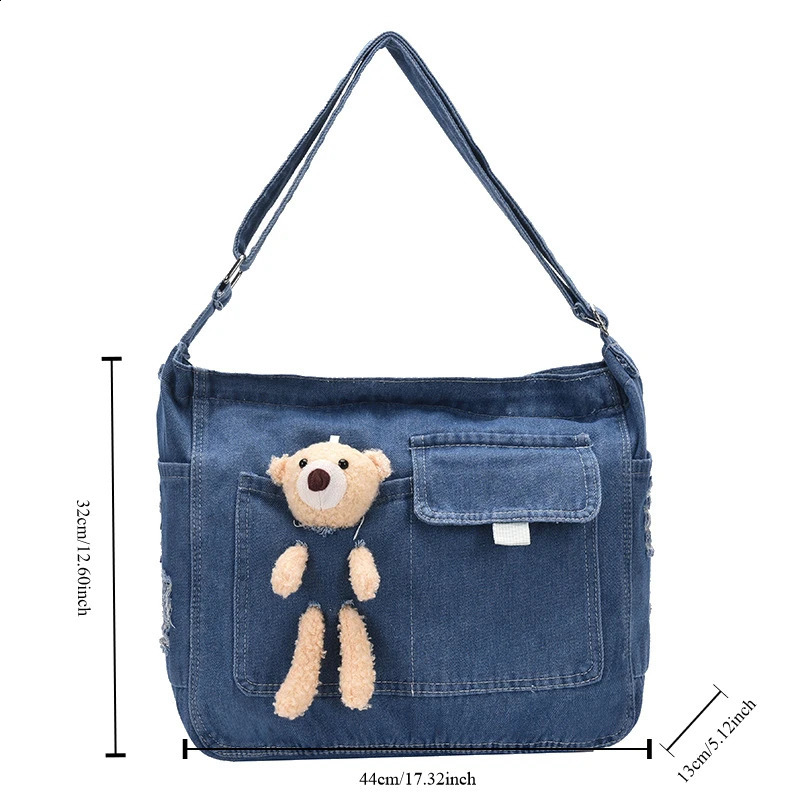 Cartoon Bear Washed Denim Postman Bag Forest Cute Commuting Shoulder Bag Fashionable Large Capacity Crossbody Tote Bag 240819