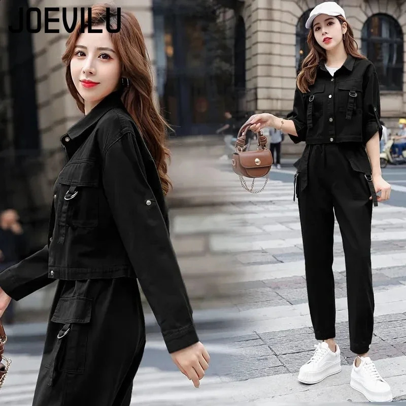JOEVILU 2PCS Streetwear Tracksuit Cargo Coat Casual Pants 2 Piece Sets Womens Outfits Spring and Autumn Korean Fashion Y2k Suit 240820
