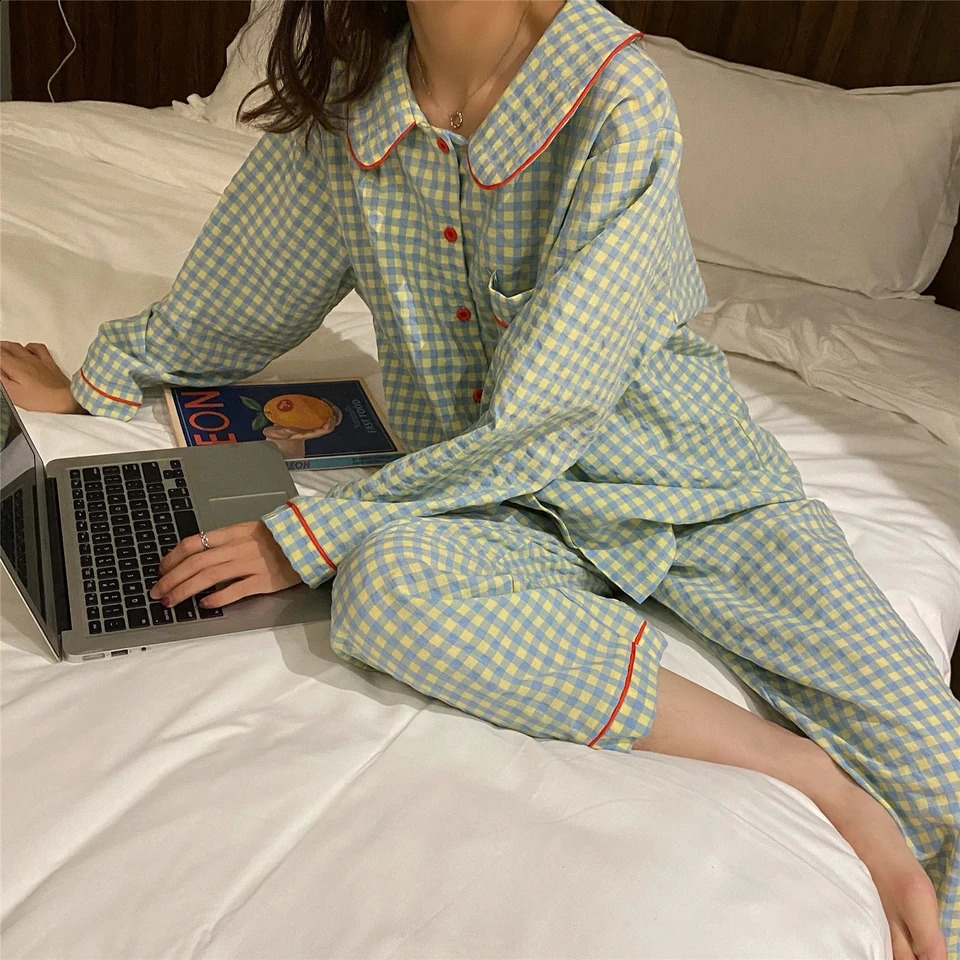 Womens sleepwear autumn spring long sleeved soft set grid cartoon womens family cardigan 240819