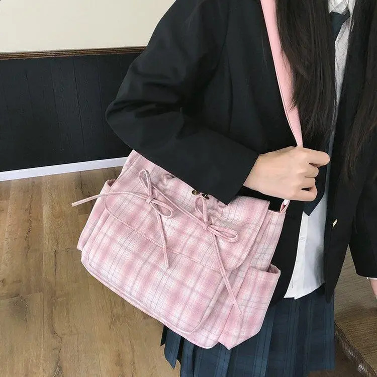 Ballet Style Sweet Bow Bag Womens Large-capacity Bag Leisure Plaid Messenger Bag One-shoulder Tote Bag 240819
