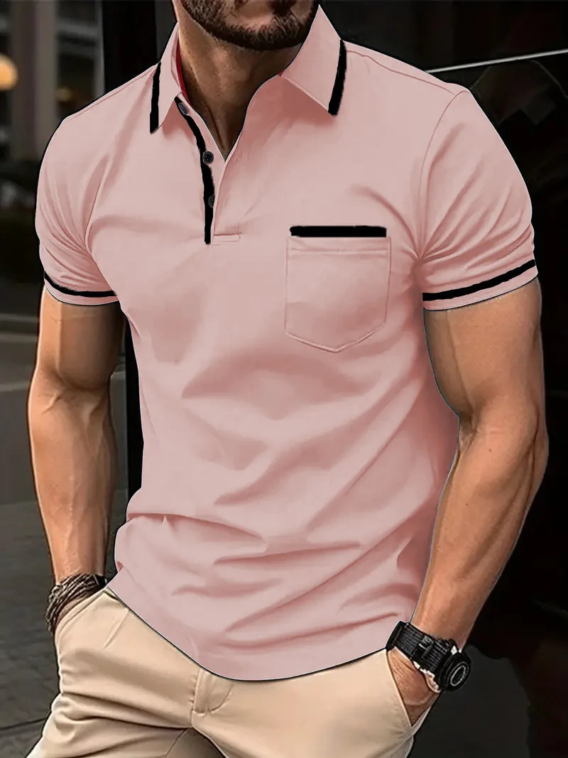 Mens short-sleeved polo shirt button pocket white T-shirt sports casual loose fashion mens spring summer top 240820