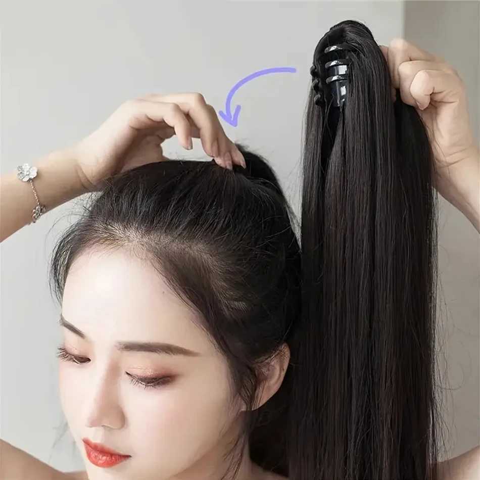 22 inch straight synthetic claw clip ponytail extension brown black synthetic ponytail wig with mini claw clip W240817