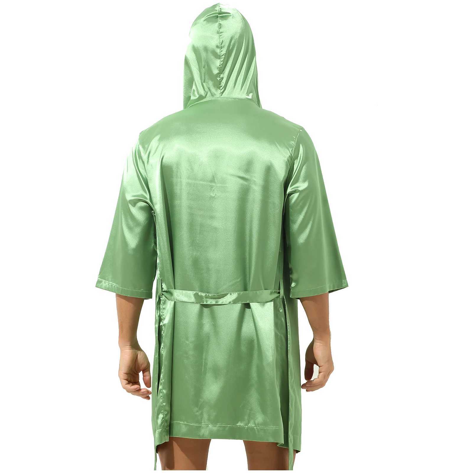 Mens satin hooded sleepwear open front sleepwear half sleeved waistband bathroom kimono long robe adult casual wear sleepwearW240719
