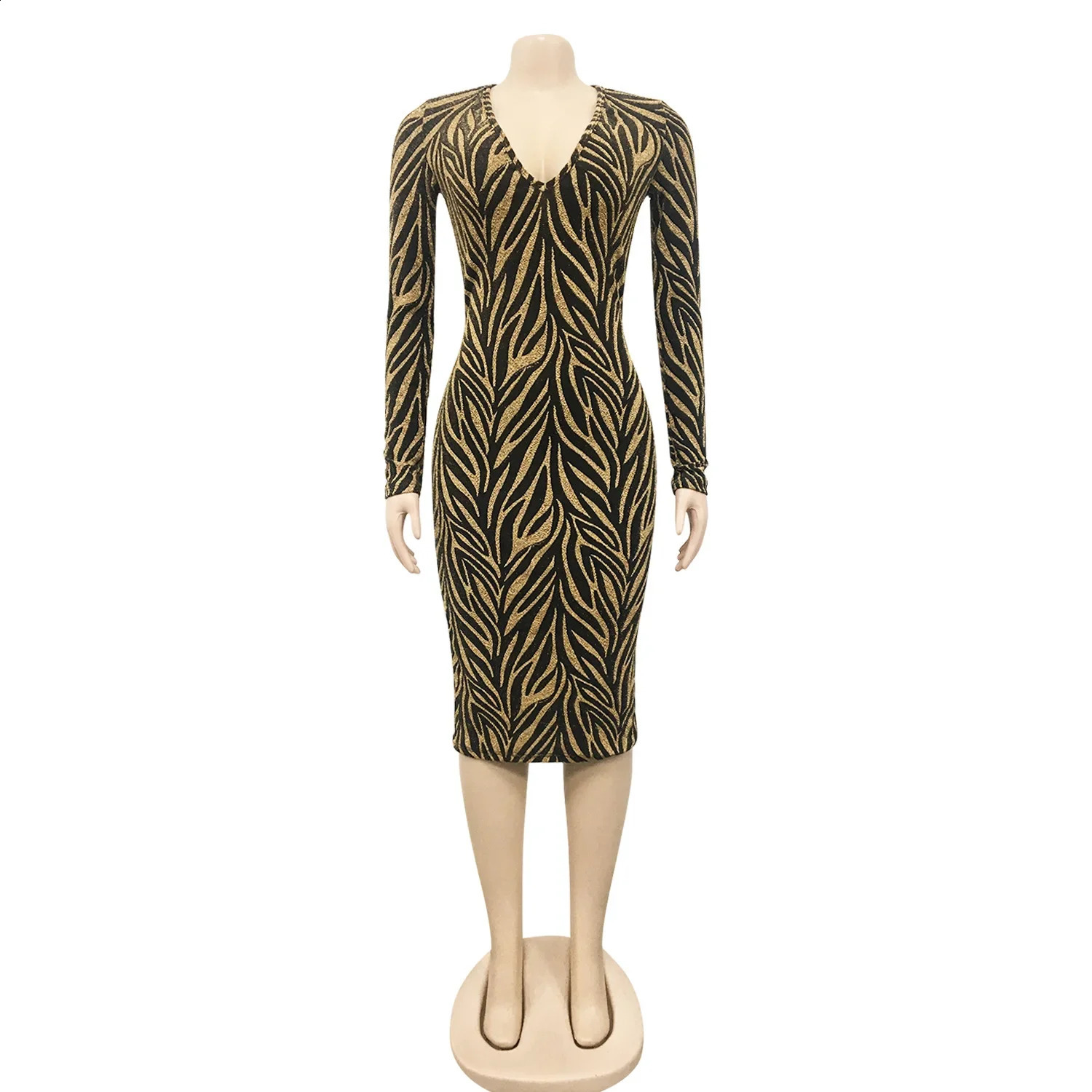 CM.YAYA Women Featuer Print V-neck Long Sleeve Party Sexy Bodycon Midi Dress 240819