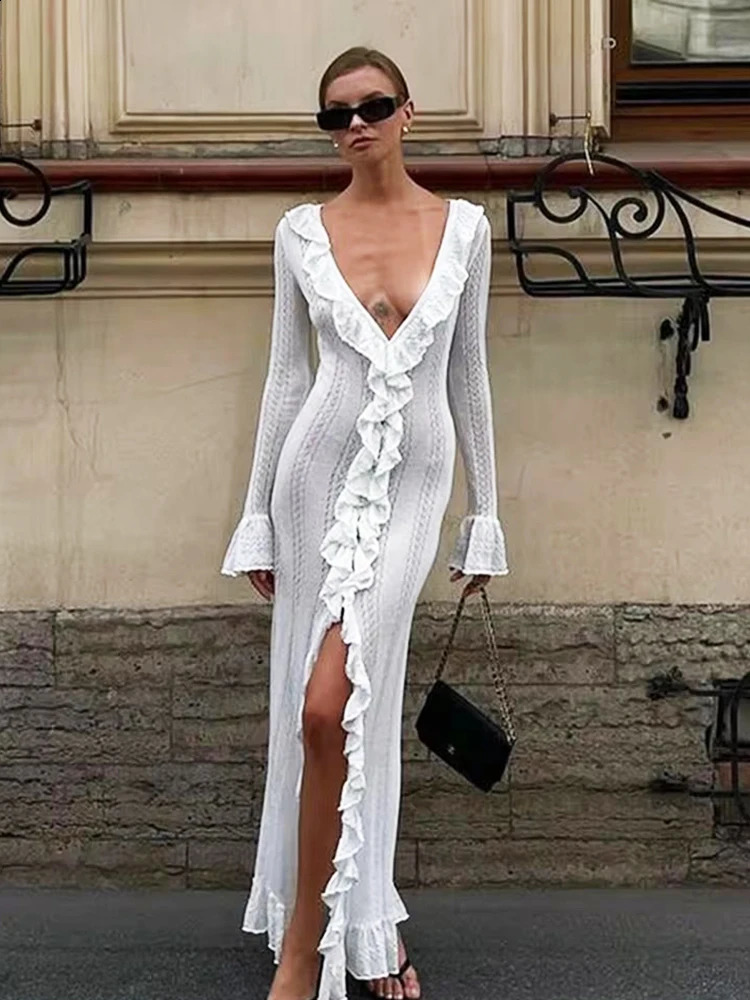 TARUXY Sexy Ruffled Dress For Women Deep V Neck Hollow Split Fungus Maxi Cover Up Dresses Knit Autumn Holiday Dress Long Sleeve 240819