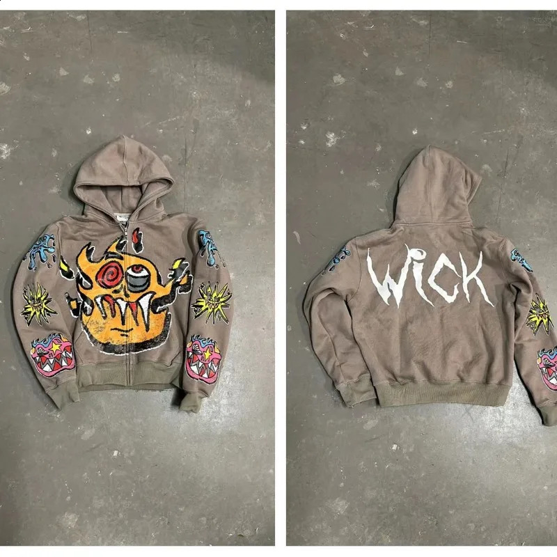 Instagram American Hip Hop Street Graffiti Printed Zipper Hoodie for Men Y2K Retro Gothic Casual Loose Couple Sweatshirts 240819