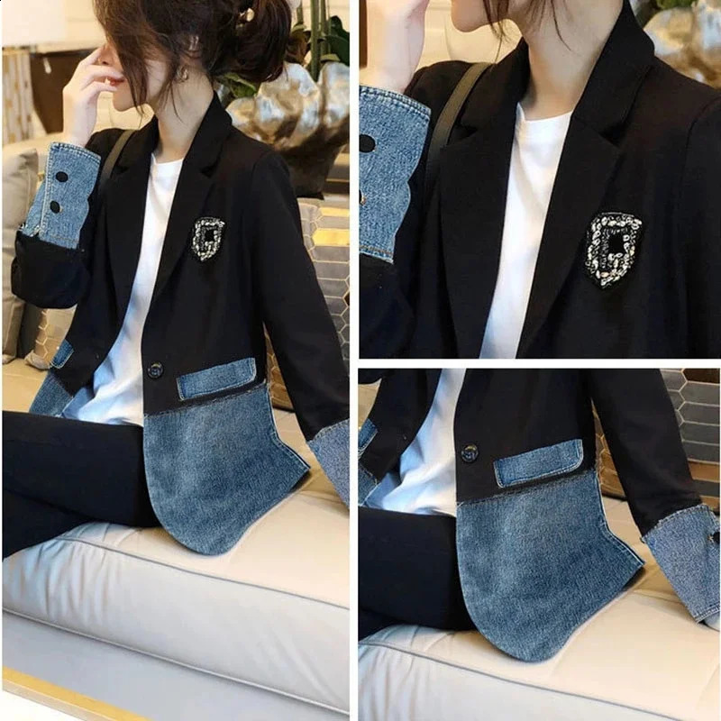 Autumn Denim Jacket Womens Fashion Black Set Splicing Loose 240814