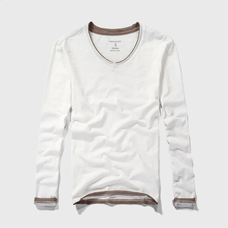 Fashion Mens T Shirt Vintage V-Neck Long Sleeve T-Shirts Male Casual Thin Solid Tee Tshirt Soft Comfortable Tops Clothing 240820